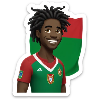  Young black man- 4 inch short black nappy messy dread locks-  low eyebrows - low eyes - no facial hair laughing Portugal jersey lean crazy smile  sticker