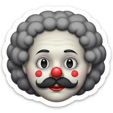 a melancholic clown character with a round gray face, half-closed sleepy eyes with long lashes, a big black round nose, and thick black mustache. Dark fluffy cloud-like hair on the sides of the head.  sticker