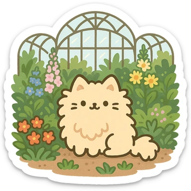 pusheen-style fluffy blonde kitten in a botanical garden greenhouse filled with flowers sticker