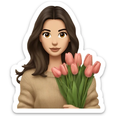 brunette Kendall Jenner with soft and long and brown hair her eyes brown and Holding a bouquet of tulips Her hair is wavy and shiny With brown sweater just one  sticker