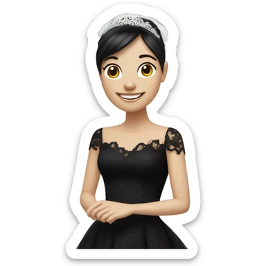 bride with very pale white skin and dark brown straight very short hair black lace dress and bangs laughing with veil sticker