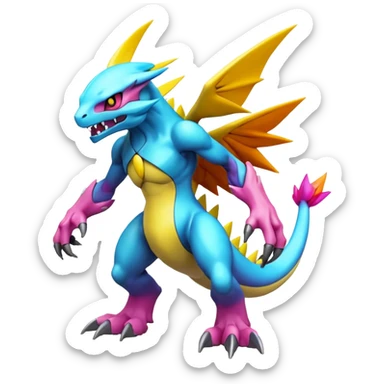 A 3D CGI model of a randomly-colored cool badass Fakémon-Pokémon-Digimon-Spectrobe-creature (full body) sticker