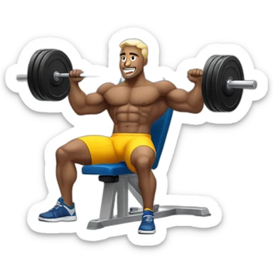 white man on a weightlifting bench, using portable computers as dumbbells instead of traditional weights, while he performs a bench press exercise with enthusiasm sticker