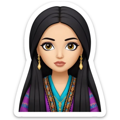 Afghan nose, pretty lips, afghan clothes, medium skin,  long black hair, pretty bratz baddie, black eyeliner sticker
