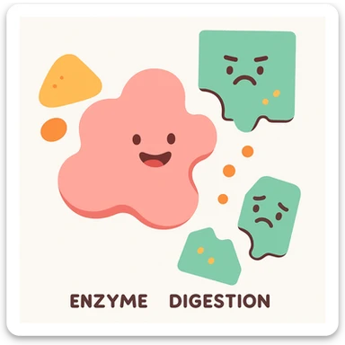 Ultra-detailed scientific illustration of enzyme digestion. Macro molecular view, clean white background, no text, no human figures or cartoon characters. Purely biological focus. sticker