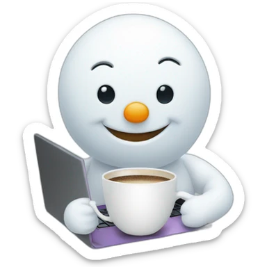 cute tiny smiling snowman working with a laptop holding a coffee mug sticker