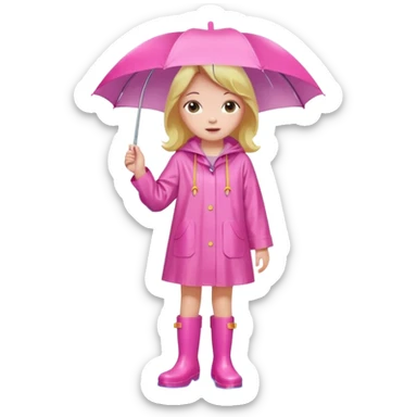 Girl in Pink wide dress raincoat pink rainboots in rain sticker
