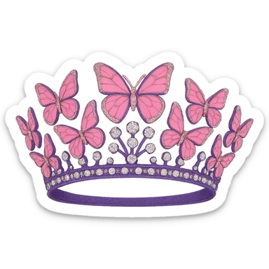 Change the base of the butterfly crown to purple, keep the vibrant pink enamel butterflies and sparkling gems, with no background. The style should maintain the original look of the butterfly crown. sticker