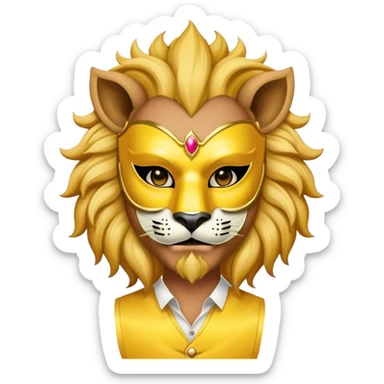 a man, with a Yellow vest,  wear half-face golden Lion masquerade mask sticker