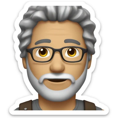 musician with medium brown hair and gray on the sides. Slender face with a scruffy beard sticker