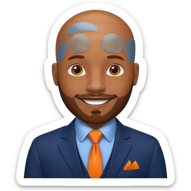 headshot of a sophisticated, stylish, bald head, smiling Caribbean black man with a beard and goatee in a navy blue suit, orange tie sticker