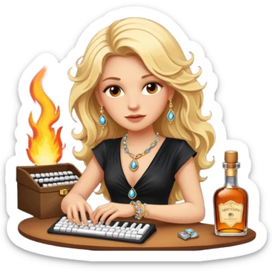 A sketchnote illustration rendered in a strong moody style, featuring a blonde woman with cascading gorgeous hair, a keyboard, a whiskey bottle, a key, a jewelry box, and fire elements against a black background. The lighting is low with low contrast, emphasizing dramatic shadows. sticker