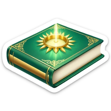A soft emerald green book front cover with golden details, a ray of light, or a lotus on the cover, radiating presence, tranquility, and spiritual awakening sticker