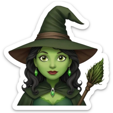 elphaba the wicked witch from wicked movie (cynthia erivo) dark long curly hair, thick lips, green skins, witch hat, witch broom, evil, wicked musical film, smirk sticker