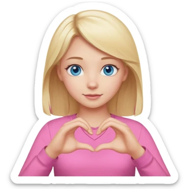 Realistic Blonde girl blue eyes, pink shirt, making heart sign with hands sticker