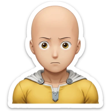 Saitama with blank face from One Punch Man, plain expression, bald head, simple round eyes, yellow hero suit, comical anime look sticker