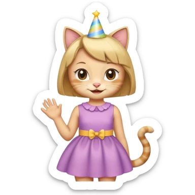 happy girl cat with a bob haircut wearing a birthday dress sticker