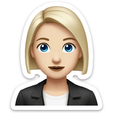 Slavic woman with blue eyes, fair skin, straight gradient from brown to blonde bob hair, goth eyes makeup, dressed in white T-shirt and office black jacket. sticker