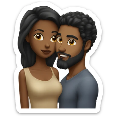 A caramel skin black woman with long black hair kissing her boyfriend who’s lighter in complexion and has a beard with big eye and a big nose  sticker