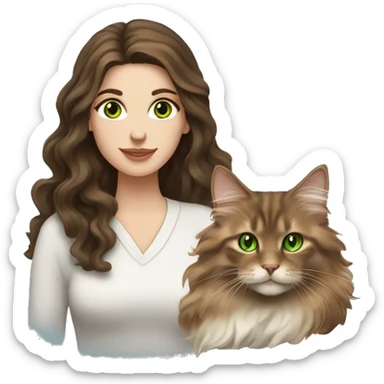 White brunette long wavy hair woman with green eyes holding a brown Maine coon cat  sticker