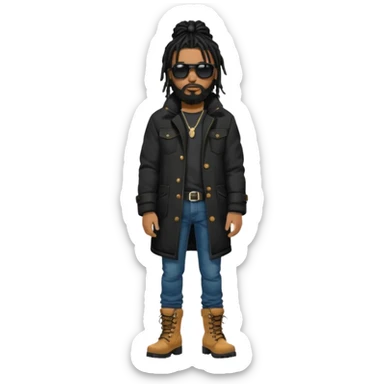 African American man with shoulder length black dreadlocks with black beard wearing black sunglasses wearing a black bubble winter coat wearing denim skinny jeans wearing wheat timberland boots thinking sticker