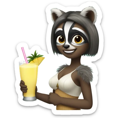 A raccoon girl holding a pina colada sticker