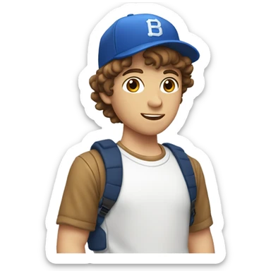 Teenager boy type italian, White skin, with baseball cap backwards with wavy brown hair (Which go down behind to the nape of the neck), Little bit dezoom sticker