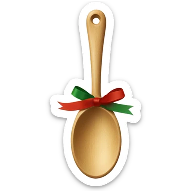 Wooden spoon decorated with a tiny red and green ribbon tied around the handle, perfect for holiday baking sticker