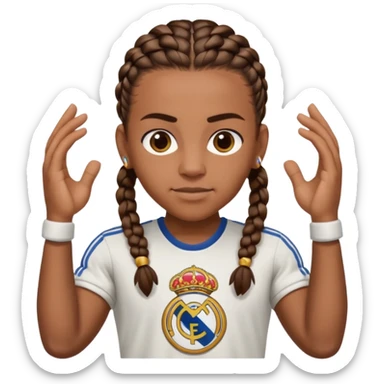 Make raphinha strong with cornrows and buff holding a the real madrid logo in between hid hands sticker