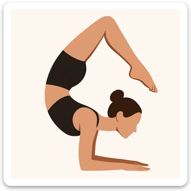 Minimalist flat vector illustration of a woman doing yoga (Vrischikasana), wearing sportswear (black top and black shorts), brown hair in a bun, clean white background, no face details, elegant style sticker