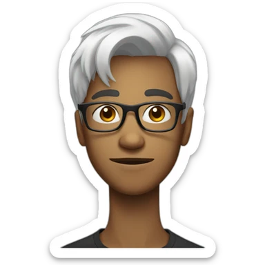 a thin teenager with white hair.  He is cross-eyed and has black glasses sticker