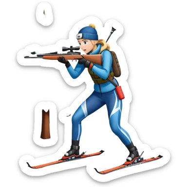 An icon showing a snowy landscape with pine trees, mountains, and a clear sky with a biathlete aiming a rifle in the foreground, wearing winter gear and skis. Transparent background emphasizes the precision, endurance, and beauty of this winter sport. sticker