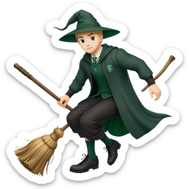 A muscular strong Slytherin student in final year riding a broomstick sticker