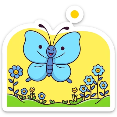 Happy blue butterfly with a big smile flying in a spring meadow with blooming flowers sticker