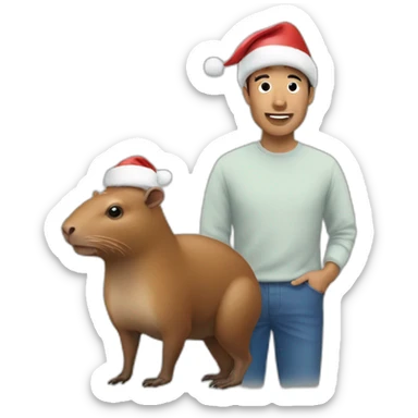 man next to a capibara with a Christmas hat sticker