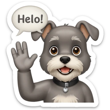 Happy Schnauzer waving hello. A speech bubble with HELLO sticker