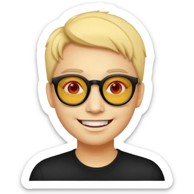 A simple yellow face smiling emoji with red lens glasses and black frames sticker