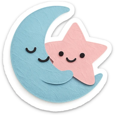 adorable pastel blue crescent moon hugging a soft pink star, no arms or legs, full body, kawaii paper craft style sticker