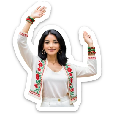 a woman with shoulder-length black hair is posing with a slightly smiling facial expression and hands raised to the side in a "I don't know" or "I see" gesture. She is wearing a white outfit with red and green floral prints, and accessories such as bracelets and earrings.

The backdrop is a building with black-framed and glass windows that reflect the trees outside. There are also wooden chairs with iron on the left and right sides of the picture. At the top, an air-conditioning unit mounted on the wall can be seen. Natural light illuminates her face quite well, giving the photo a relaxed and natural feel. sticker