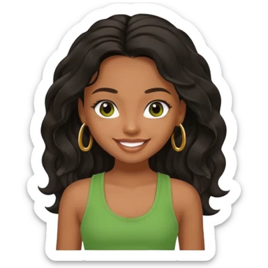 a pretty bratz brown girl with long wavy black color hair, brown eyes and green tank who is smiling sticker