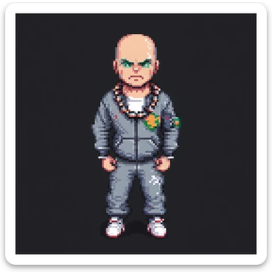 Pixel art thug in tracksuit, holding chain in Hand, bald head, angry expression, side view, retro arcade sprite
 sticker