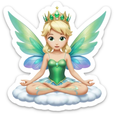 Isolated, 3D rendering, Tinkerbell wuth futuristic ultra detailed iridescent wings, full body view, center of image, sitting on a fluffy white cloud, blonde beautiful hair, tiara head piece, emerald green blue eyes, still life,  futuristic vivid colors sticker