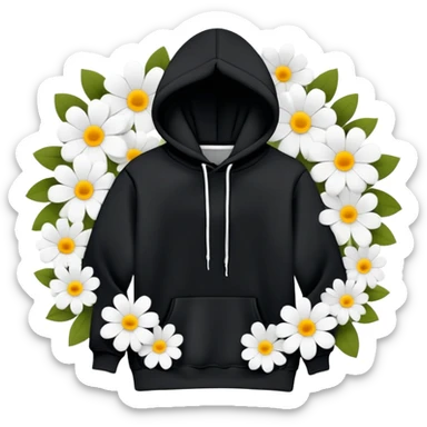 "Design a black hoodie adorned with scattered, medium-sized black and white flowers. Each flower should consist of a bold, thick white ring forming the petals, with a completely hollow center, creating an open, circular look. The flowers should have an irregular, asymmetrical shape and be evenly distributed across the hoodie, including the sleeves and hood. Keep the design minimalistic—no detailed petals, shading, or filled centers, just simple, bold, hollow ring-like floral patterns." sticker