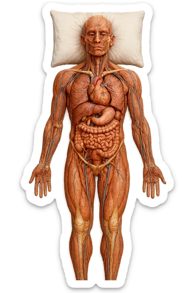 corpo umano anatomico CON TESTA SUL CUSCINO PERCHé STA DORMENDO, VISTO DALL'ALTO, iperrealistico 4k sticker