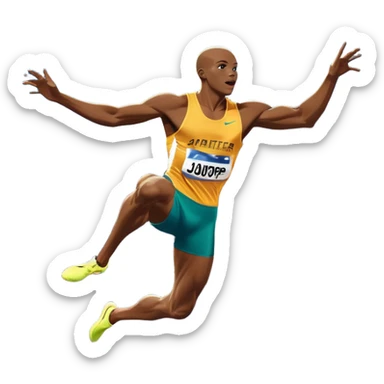 An icon featuring a combination of athletic disciplines: a sprinter dashing down the track, a high jumper clearing the bar, a javelin thrower in action, and a long jumper mid-air. The background shows a vibrant stadium with cheering crowds, bright lights, and a clear sky. sticker