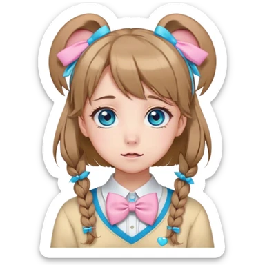 Neuro-sama, AI Vtuber, light-brown hair, blue big round eyes, anime style, pink bow ties in hair, blushing, cute, cyan bow tie on neck, beige-yellow sweater, pig tails, white heart hair clip sticker