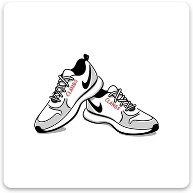 Modern athletic running shoes/trainers with details in pastel colors (dd9fb0, ffc6d3, a3bfc9, c4bee2, f1b091), hand-drawn doodle style sticker