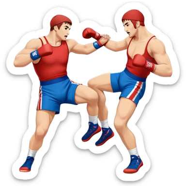 Two Sambo fighters in blue and red gis with shorts and wrestling shoes, executing gripping and throwing techniques. The fighters are engaged in a dynamic, action-packed moment with no strikes. The background features a wrestling mat, focusing on the technique and control. Transparent background  sticker