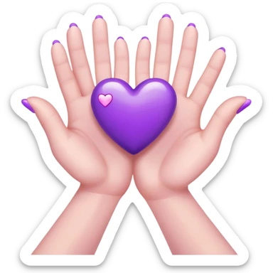 White skin hands with 5 fingers each are holding a violate heart sticker