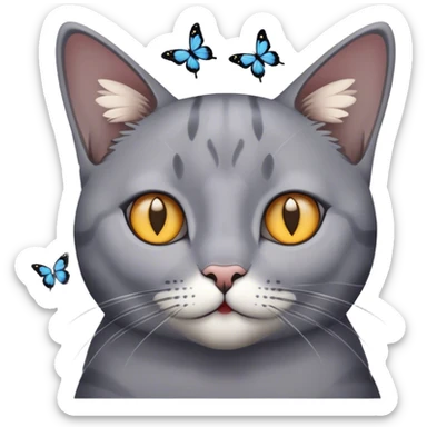 grey cat's face surrounded by butterflies sticker